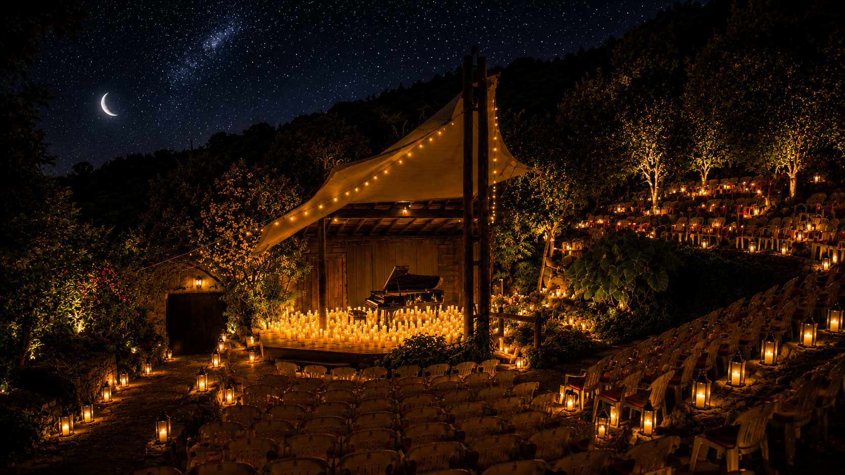 Finca-Frantz-Amphitheater bei Nacht mit beleuchteter Konzertbühne